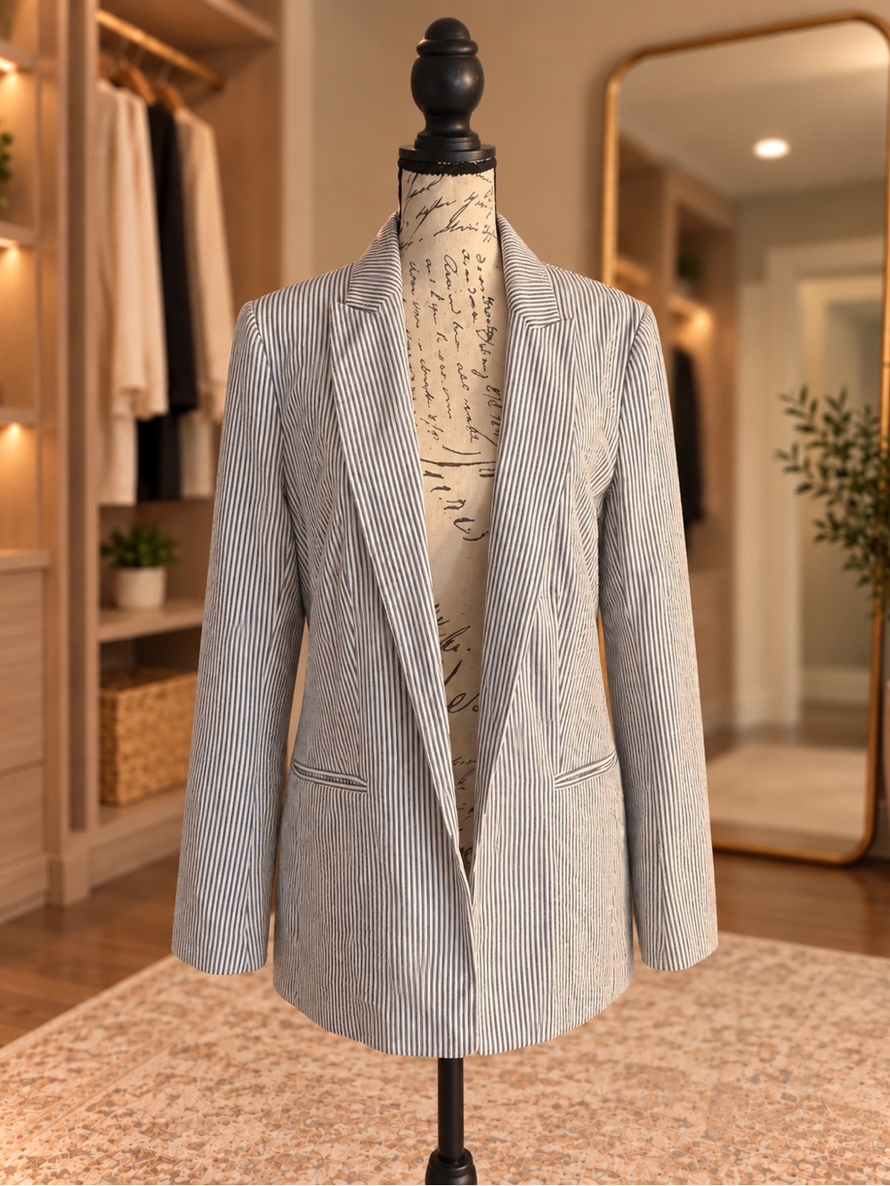 H&M Blue & White Pinstripe Longline Blazer β Size 4
